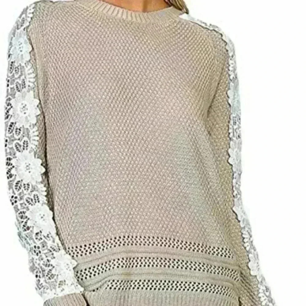 Listicle Floral Lace Sleeve Tan Knit Sweater Top Size Medium